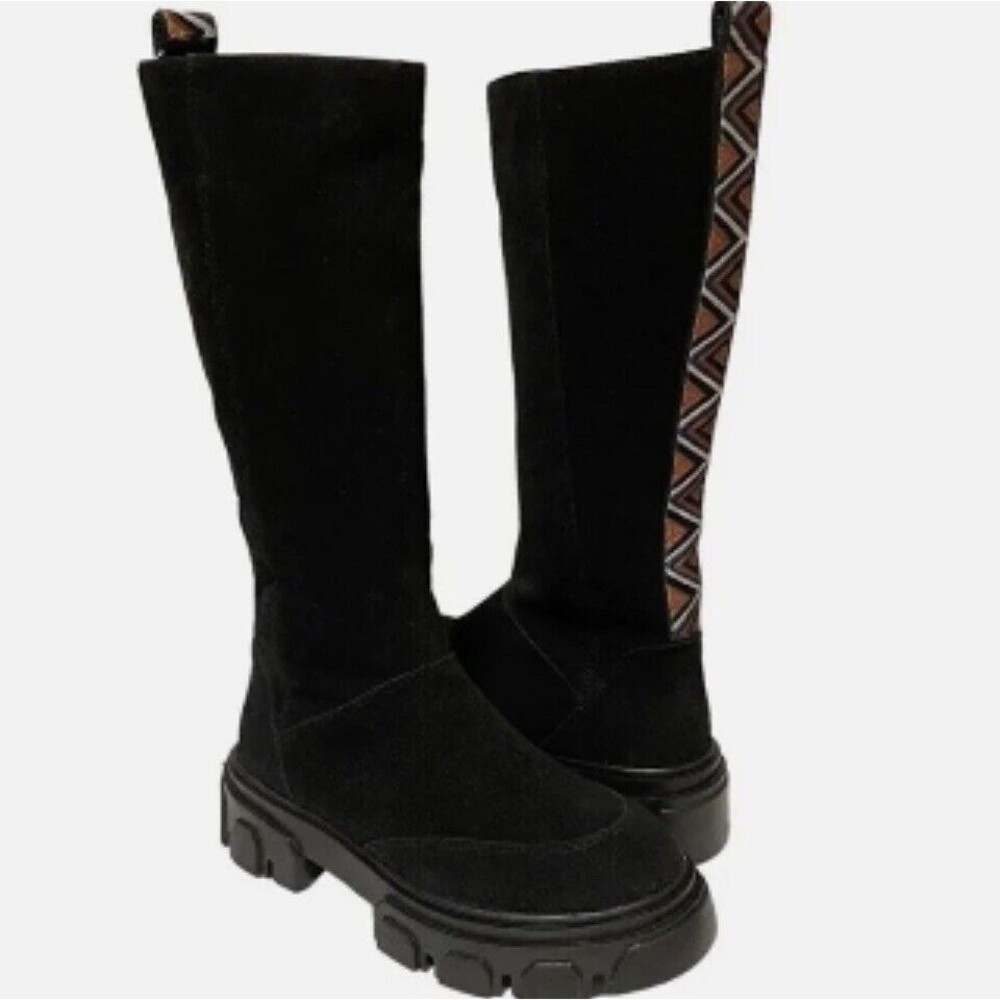 Farm Rio Back Embrodery Ribbon Black Suede Tall Boots Sz 6 New W/O Tags